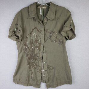 MURMUR Y2K Shirt Blouse Horse Embroidery Bedazzled Distressed Top Utility size M